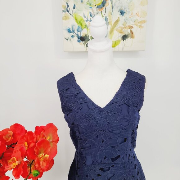 Banana Republic Navy Blue Lace Overlay Chic Cocktail Evening Sheath Dress 6P - Picture 3 of 7
